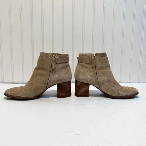 Tory Burch Sophia Tan Suede Block Heel Designer Bohemian Logo Booties 6 WORN - Picture 9 of 12